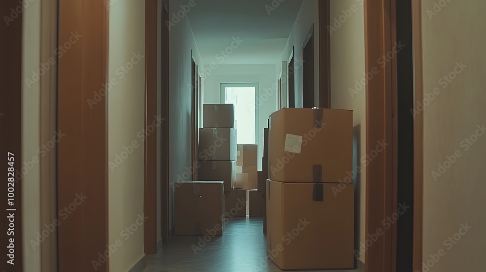 Poster A hallway filled with numerous packed boxes and a leaning mirror capturing the reflection of the moving chaos and clutter as someone prepares to relocate or move to a new residence