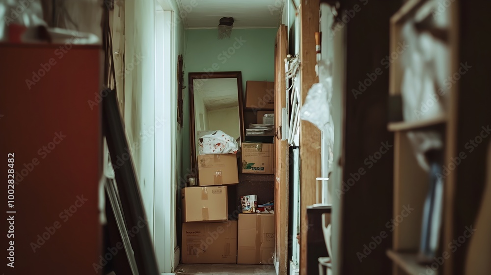 Aufkleber A hallway overflowing with stacked and packed moving boxes with a leaning mirror capturing the reflective chaos of the transitioning space