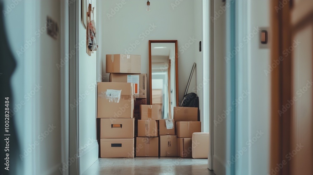 Poster A hallway filled with numerous packed boxes and a leaning mirror reflecting the disorganized and chaotic moving scene highlighting the transition and relocation process
