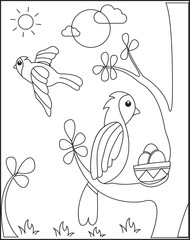 Vector illustration of Two Bird And Egg isolated on white background, for kids' coloring book.