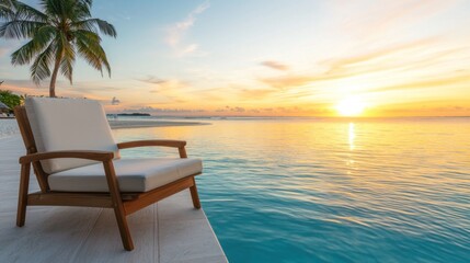 Fototapeta premium A serene scene featuring a wooden chair by the tranquil sea at sunset, surrounded by gentle waves and a palm tree.
