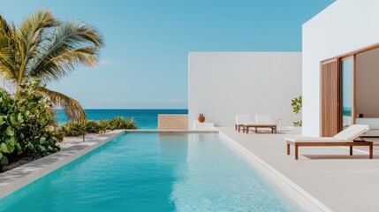 Fototapeta premium A serene poolside scene featuring modern architecture, lush greenery, and a clear blue ocean under a sunny sky, perfect for relaxation and luxury.