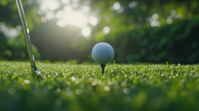High-resolution shot of a golf ball on a tee with a classic golf driver and lush green grass, highlighting the beauty of a golf course setting