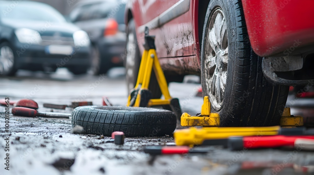 Poster a jack stand is being used to support a vehicle while a flat tire is being repaired with various too