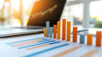 Fototapeta premium A professional financial bar chart with clear, colorful bars representing monthly income and expenses, placed on a clean workspace background with business documents and a laptop.