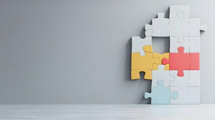 A large vibrant puzzle piece being carefully inserted into a wall of grey uniform pieces representing the of a novel idea or innovative solution within a business environment