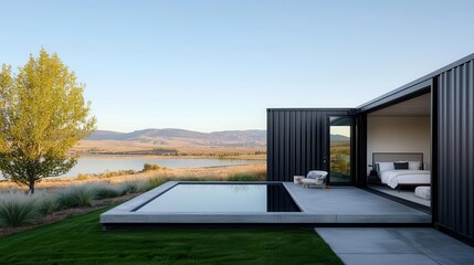 Obraz premium Minimalist container bathroom exterior with concrete finish, small patio, and view of a serene lake
