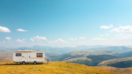 A serene landscape featuring a camper van on a hilltop, with panoramic views of rolling mountains under a clear blue sky.