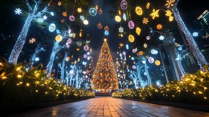 Obraz premium Enchanting Christmas scene with a beautifully decorated Christmas tree twinkling lights and a myriad of joyful holiday adorning the city streets creating a captivating festive atmosphere