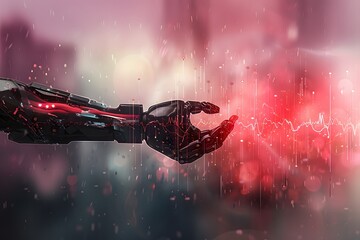 In a fusion of technology and artistry, a robotic hand reaches out against a backdrop of vibrant red hues and dynamic light pulses, embodying the intersection of human innovation and the pulse of life