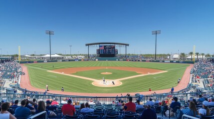 Obraz premium High-resolution view of an open-air baseball stadium during the day, with fans in the stands and a well-maintained field