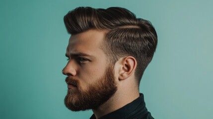 Fototapeta premium A profile shot of a man with a slicked-back pompadour hairstyle, with his beard neatly trimmed, exuding a classic yet stylish look.