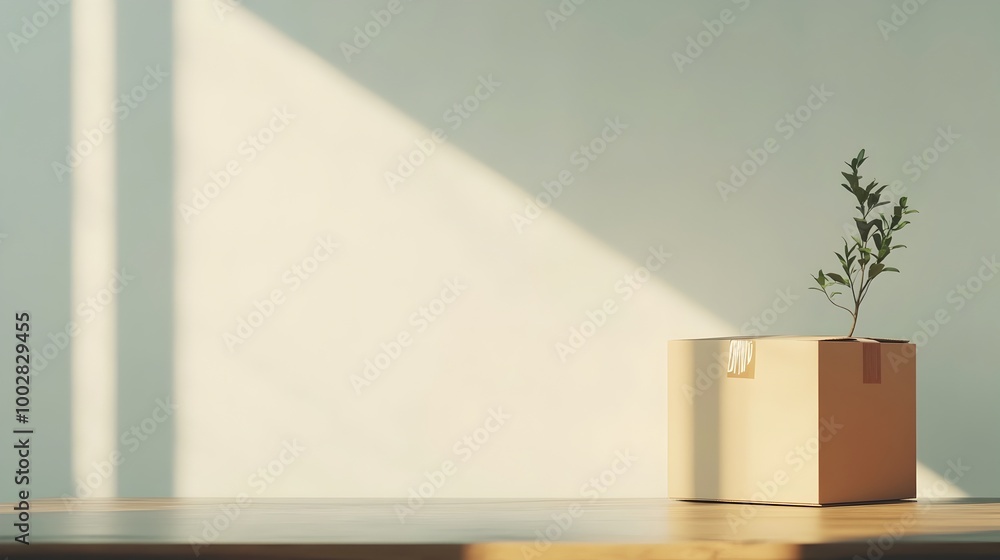Poster a neatly packed and labeled cardboard box sitting on an empty wooden dining table