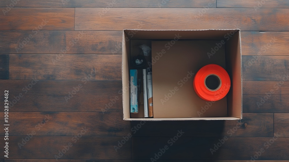Poster a neatly packed cardboard box containing various household items and supplies placed on a hardwood f