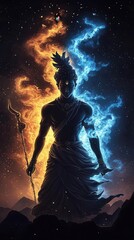 Fototapeta premium Krishna with a radiant aura, balancing the cosmic forces of darkness and light while smiling serenely, Krishna, balance, cosmic forces