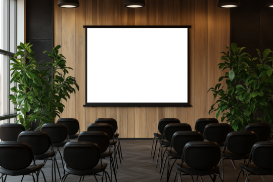 Modern conference room with rows of chairs and blank projection screen, surrounded by indoor plants, prepared for business meeting or presentation, featuring natural light from large windows. 