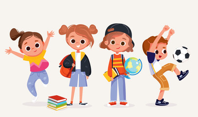 Set of school kids with school supplies.School characters with books and backpacks. Collection of preschoolers, children. Kid's activities. Studying and doing sports.