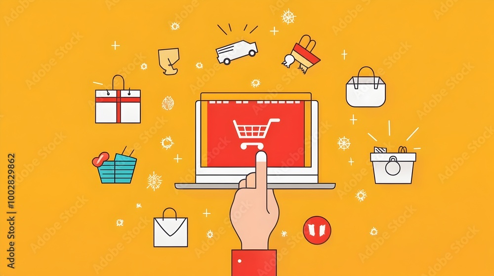 Poster a person s hand clicking a computer mouse surrounded by various discount icons flashing sale banners