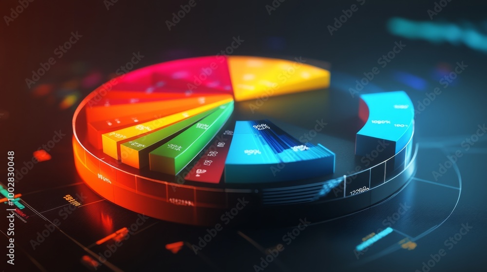 Poster a rotating 3d pie chart with colorful, layered sections representing data, with numbers and labels f