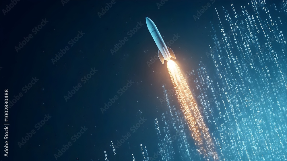 Poster A rocket launching upward into the sky trailing digital binary code instead of smoke symbolizing the rapid technological advancement and innovative spirit driving business growth and success