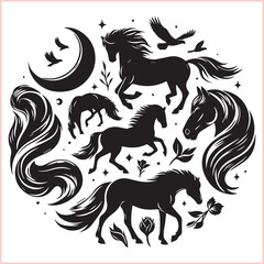 Silhouette Set of Horses Horse head bundle in Wild West Horses