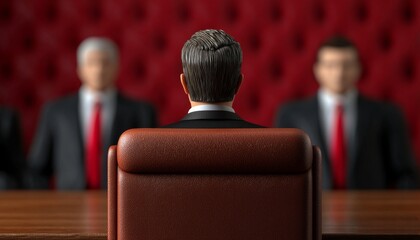 Business meeting with executives in formal attire, focused discussion.