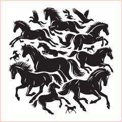 Silhouette Set of Horses Horse head bundle in Wild West Horses