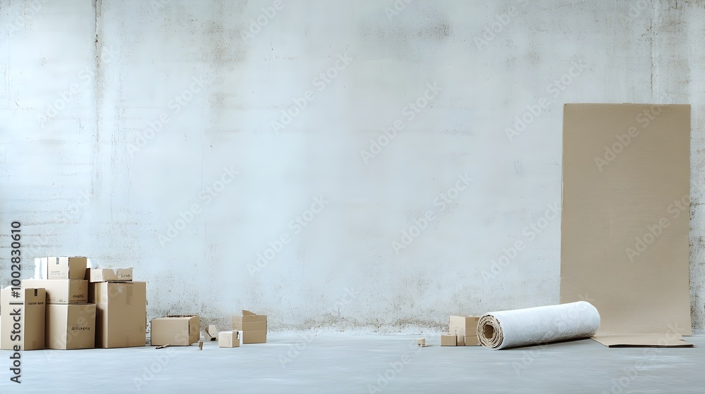 Poster a rolled up rug leaning against a plain wall in an empty household room surrounded by scattered card