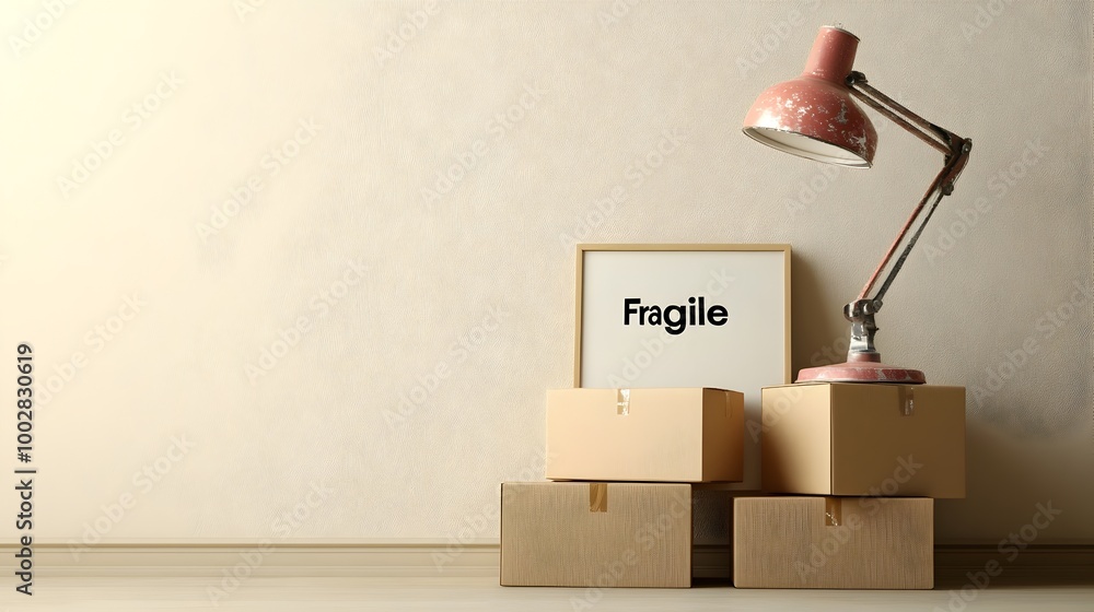 Poster a row of carefully stacked fragile boxes labeled fragile with a lamp and artwork leaning against the