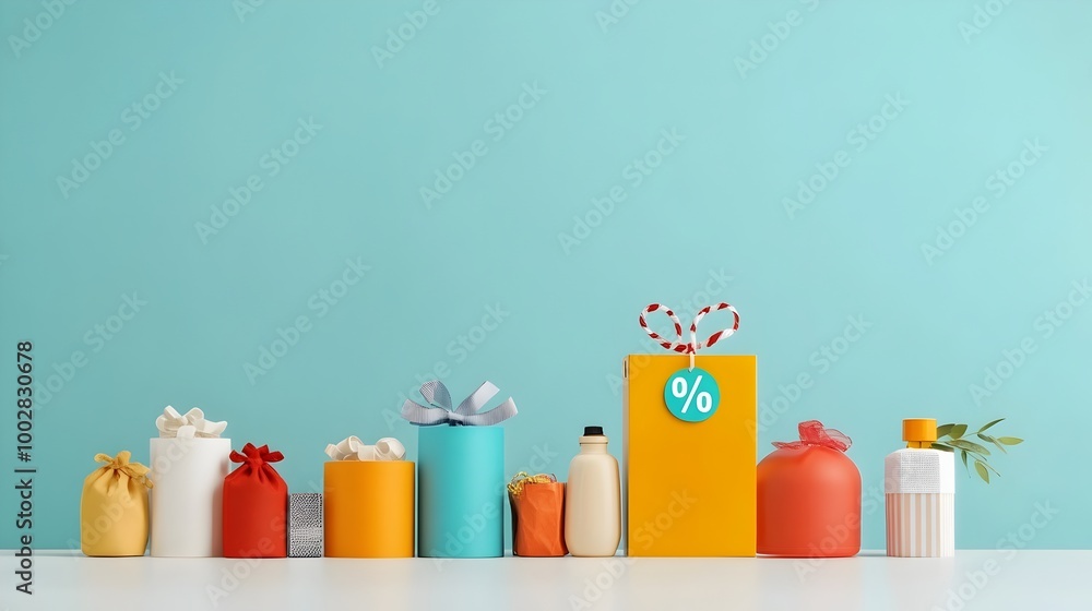 Poster a row of common product icons transforming into discount percentage signs showcasing the visual meta