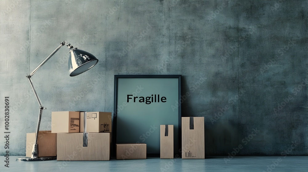 Poster a row of carefully stacked fragile boxes with a lamp and artwork leaning against the wall all prepar
