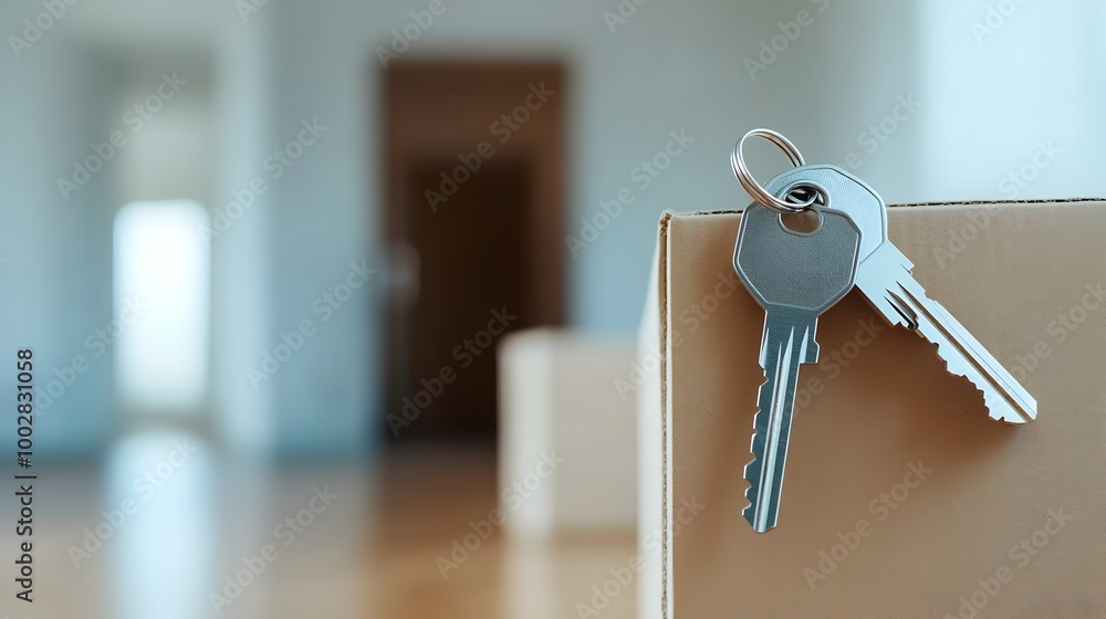 Poster A set of house keys resting on a stack of cardboard moving boxes with the blurred doorway of an empty house visible in the background symbolizing the transition of moving to a new home