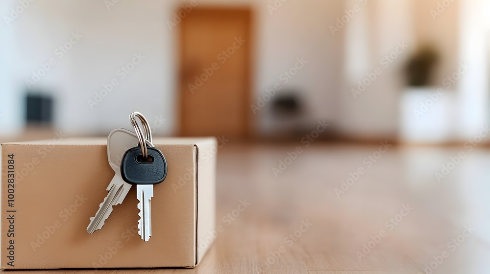 Poster A set of house keys resting on top of a stack of moving boxes with the blurred doorway to an empty house visible in the background symbolizing the transition and relocation process