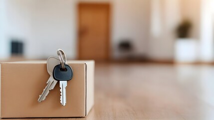 A set of house keys resting on top of a stack of moving boxes with the blurred doorway to an empty house visible in the background symbolizing the transition and relocation process