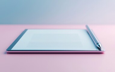 Digital tablet with pen on a pink surface, minimalist modern design.