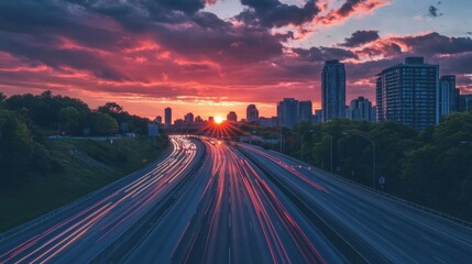 Fototapeta premium A scenic view of an expressway at dusk, with the last rays of sunlight illuminating the road and distant buildings, creating a peaceful yet vibrant atmosphere for evening travelers.