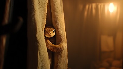A snake coiled discreetly around a curtain rod its scaly body blending seamlessly with the sheer fabric drapery and soft lighting creating an elegant and subtle decorative accent