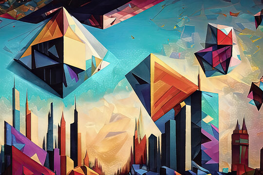 Paisaje futurista con pir&aacute;mides y edificios geom&eacute;tricos flotantes en un entorno surrealista