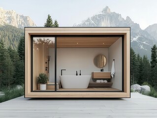 Compact container bathroom exterior with light wood cladding, rooftop garden, and view of a mountain range