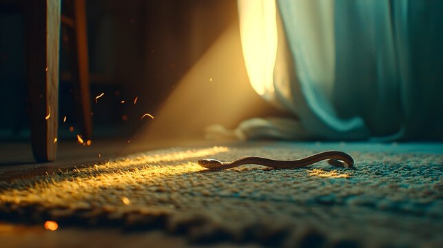 A snake partially slithering out from its hidden hideaway underneath a rug the reptile s body coiled and scales partially visible illuminated by the soft