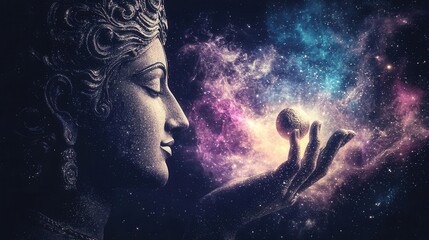 Vishnu holding the universe in one hand, balancing cosmic order and divine chaos with effortless grace, Vishnu, balance, universal balance