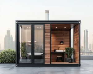 Industrial-style container bathroom exterior with rusted steel panels, small patio, and urban cityscape backdrop