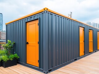 Fototapeta premium Industrial-style container bathroom exterior with rusted steel panels, small patio, and urban cityscape backdrop