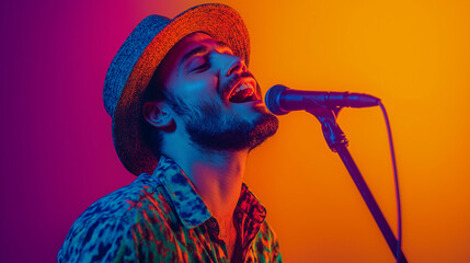 A man with a fedora passionately sings into a microphone, against a vivid orange and purple backdrop, showcasing his performance energy and artistic expression.