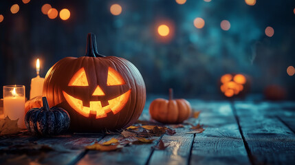 Fototapeta premium A carved pumpkin with a lit candle inside stands on a wooden table with other pumpkins and autumn leaves scattered around, creating a warm Halloween ambiance.