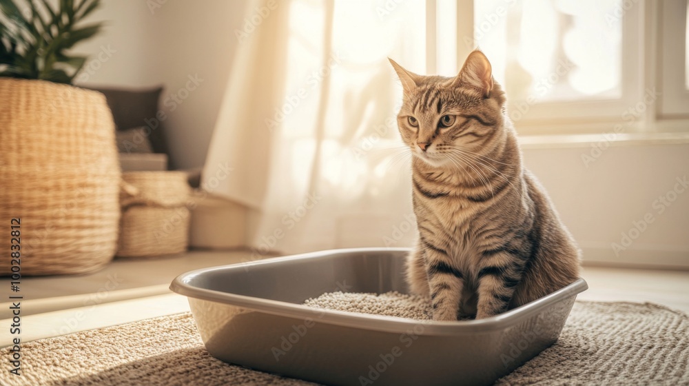 Poster a serene image of a cat comfortably using a clean litter box, with soft natural light filtering in, 