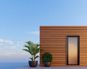 Modern container bathroom exterior with dark wood siding, rooftop garden, and view of the ocean