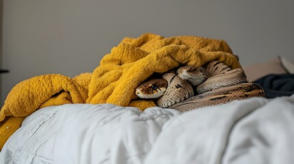 A snake slithering through a pile of soft plush blankets on a bed the tender fabric creating a fascinating contrast against the reptile s smooth shining scales