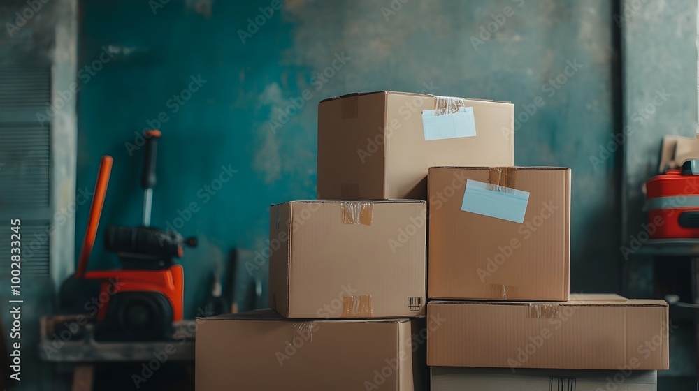 Poster A stack of neatly labeled and organized moving boxes in a garage interior setting with a few scattered packing tools and materials like tape in the background ready for a home or office relocation