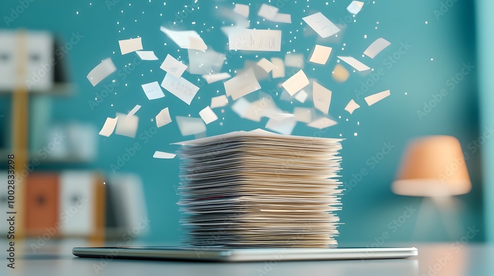 Poster A stack of physical documents transforming and morphing into a sleek digital tablet